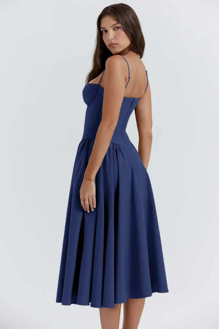 Stylish women's elegant midi dress, sleeveless, with a sophisticated corset fit.