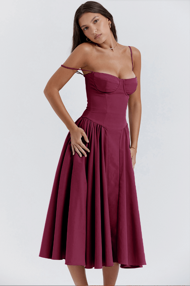 Women's elegant sleeveless midi dress, corset fit for a graceful silhouette.