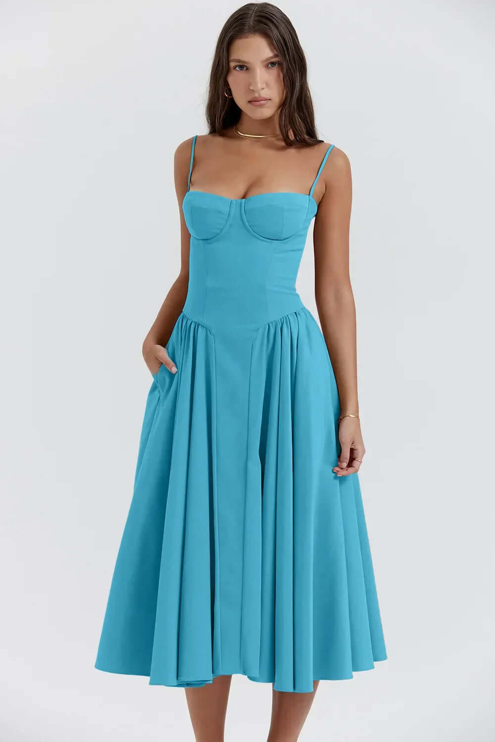 Alluring women's sleeveless midi dress, elegant corset fit, perfect for fashionistas.