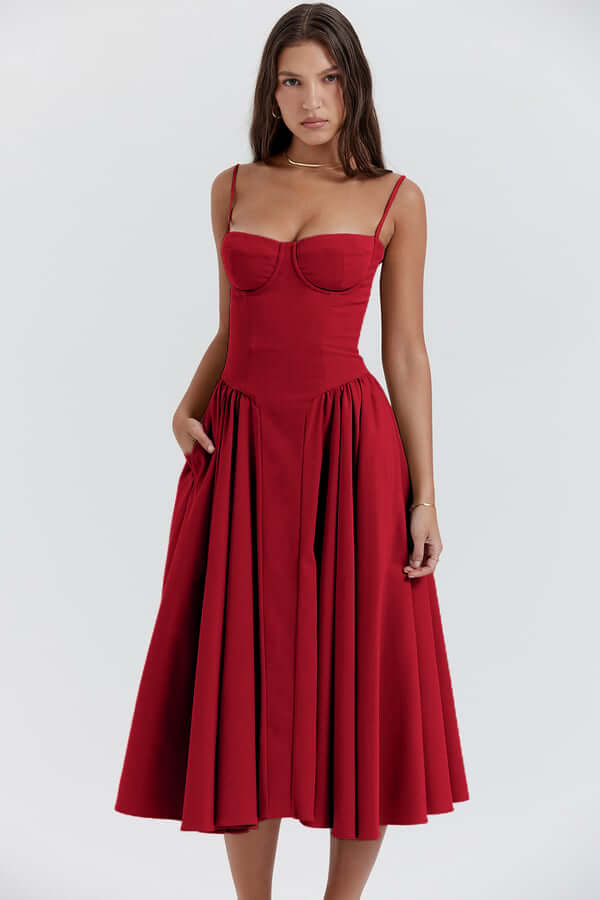 Versatile women's sleeveless midi dress, elegant style, featuring a corset fit.