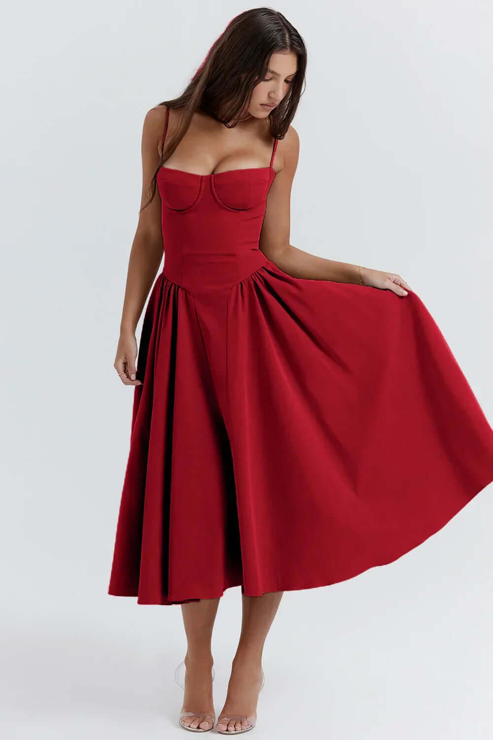 Fashionable women's midi dress, sleeveless, elegant, with a flattering corset fit.