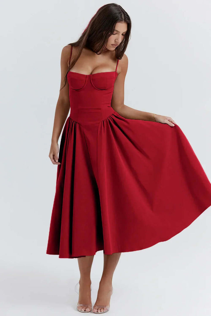 Fashionable women's midi dress, sleeveless, elegant, with a flattering corset fit.