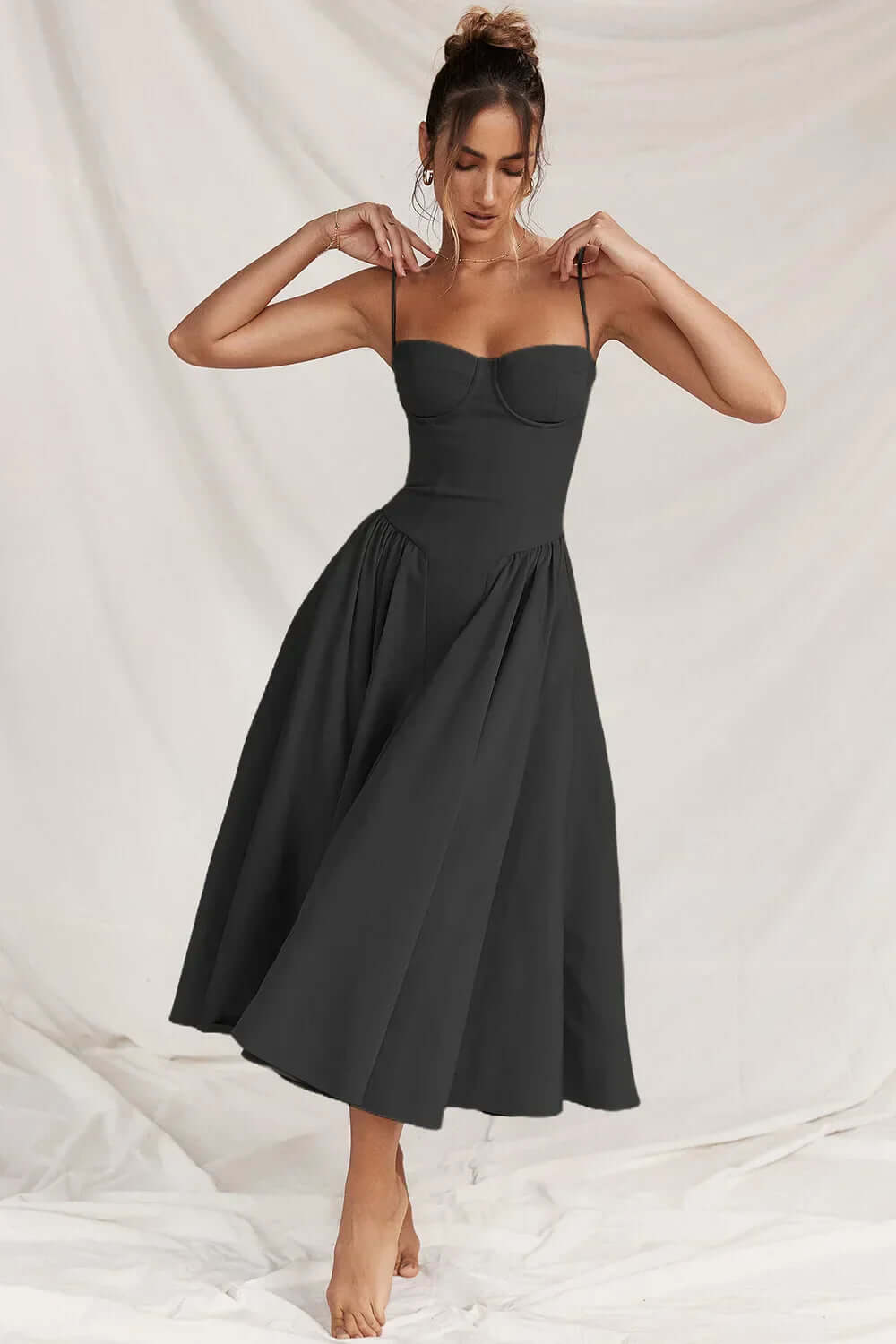 Graceful women's elegant sleeveless midi dress, corset fit, a must-have for summer.