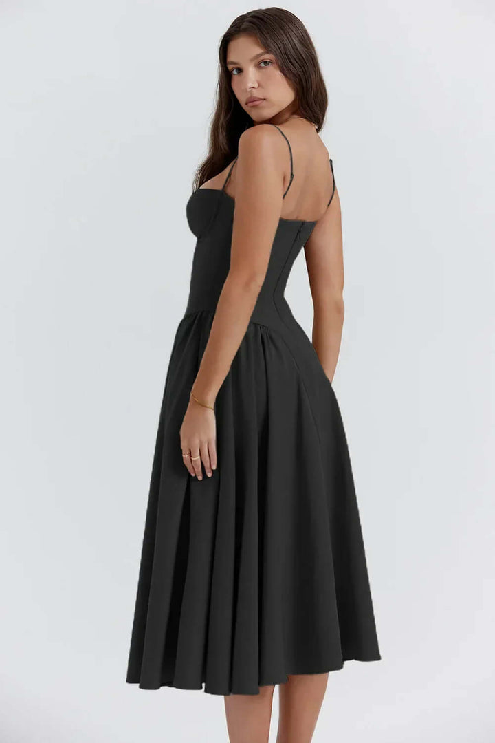 Sophisticated women's sleeveless midi dress, elegant corset fit, for modern fashion.