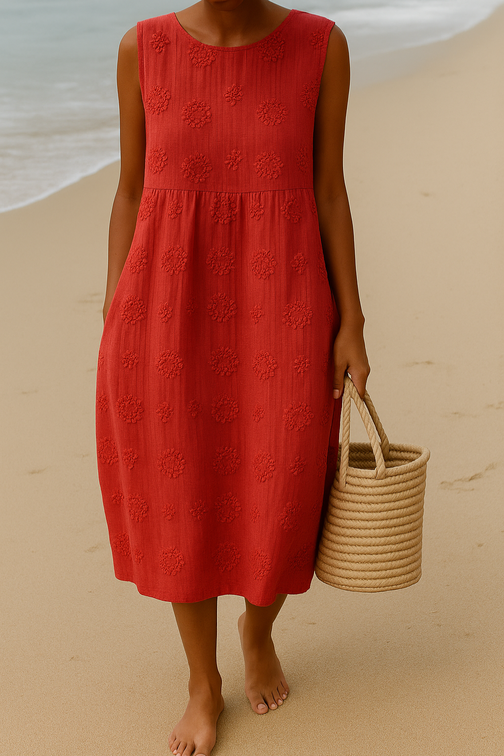 Effortless women's sleeveless midi dress, a stylish summer essential for elegant and casual wear.