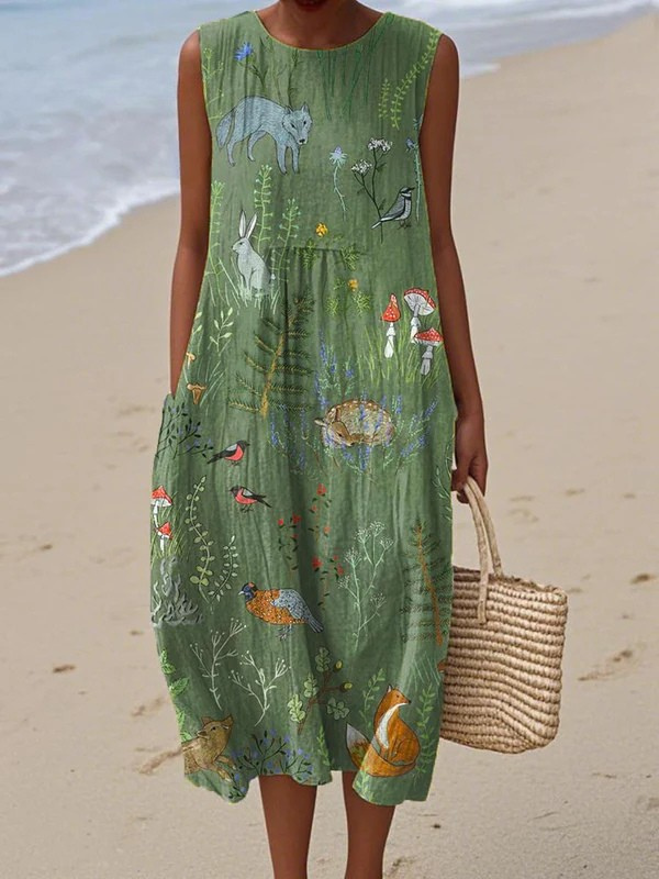 Elegant women's sleeveless midi dress with woodland print. Perfect green casual summer dress, comfortable & flattering.