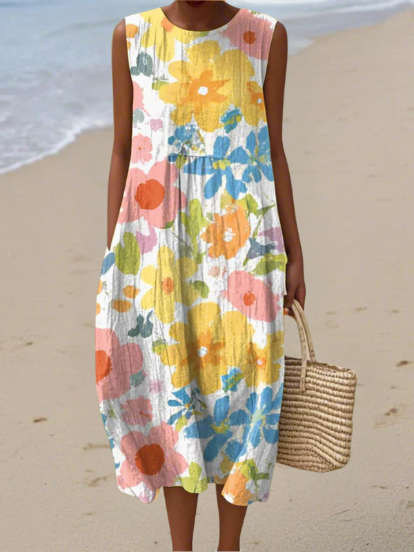 Elegant women's sleeveless pastel floral midi dress. Perfect for summer events, spring fashion, or vacation wear.