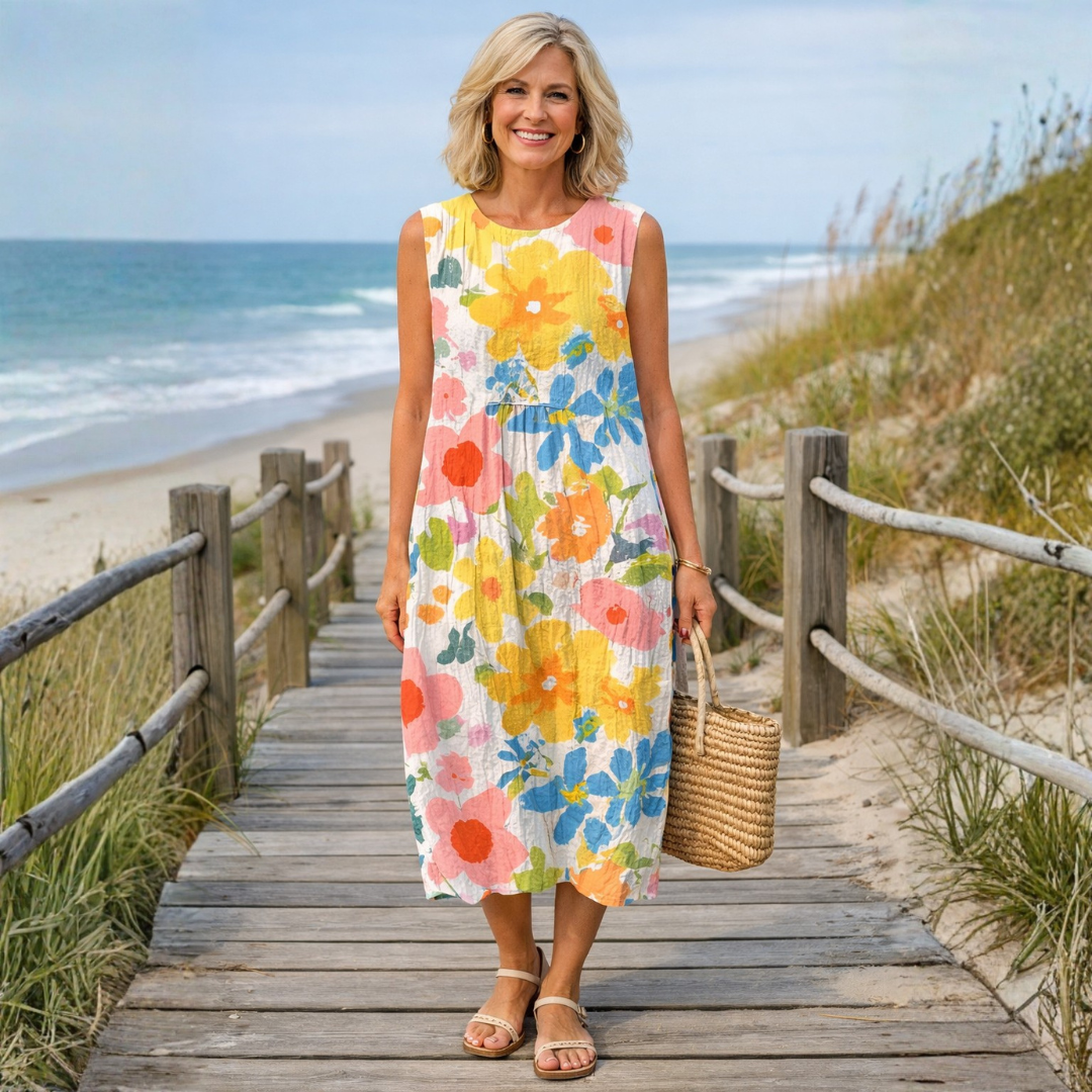Flowy casual chic midi dress for women, featuring a beautiful pastel multicolor floral print for spring/summer.