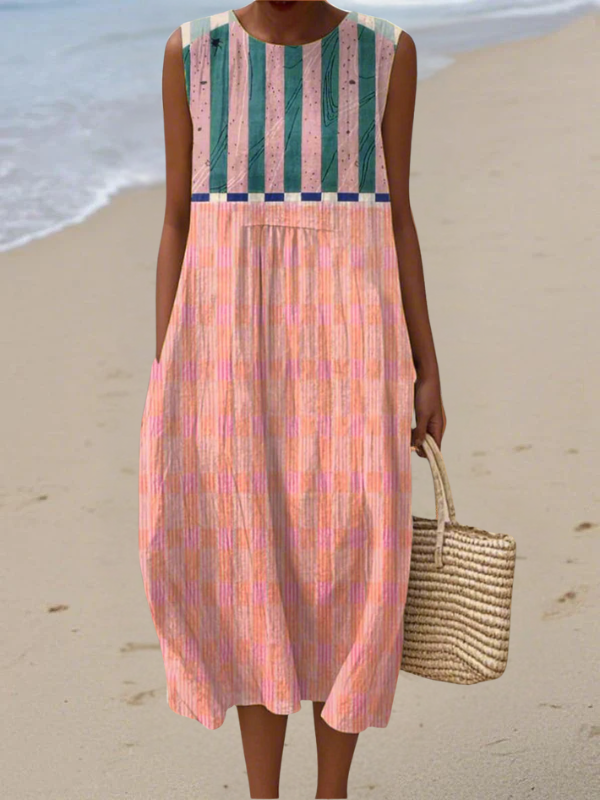 Elegant women's sleeveless pastel striped midi dress, perfect for summer casual wear or day events.