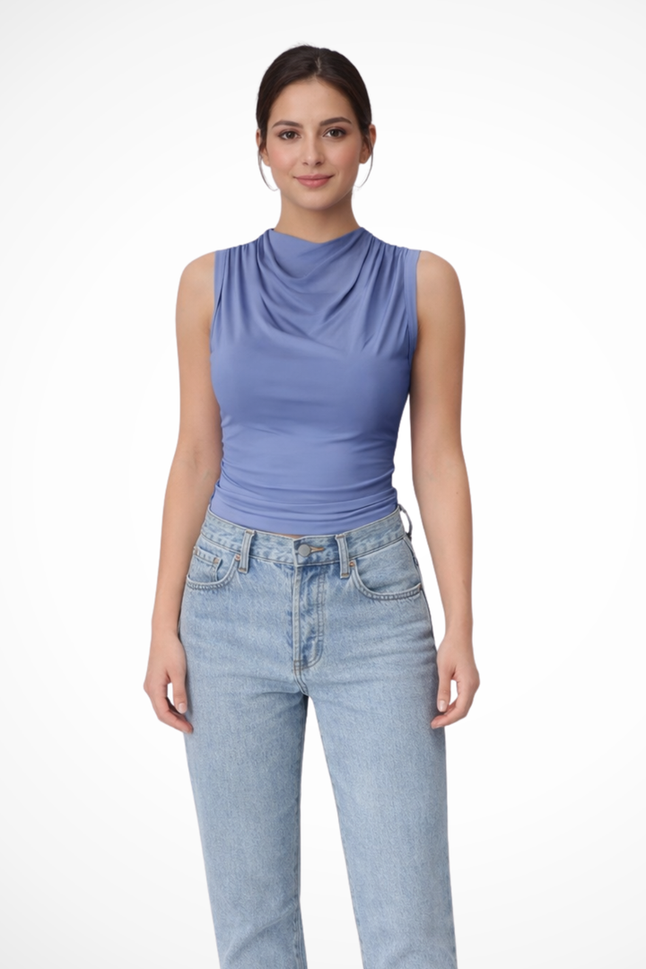 Versatile women's fitted peplum top with a sophisticated draped neck, ideal for office or smart casual outfits.