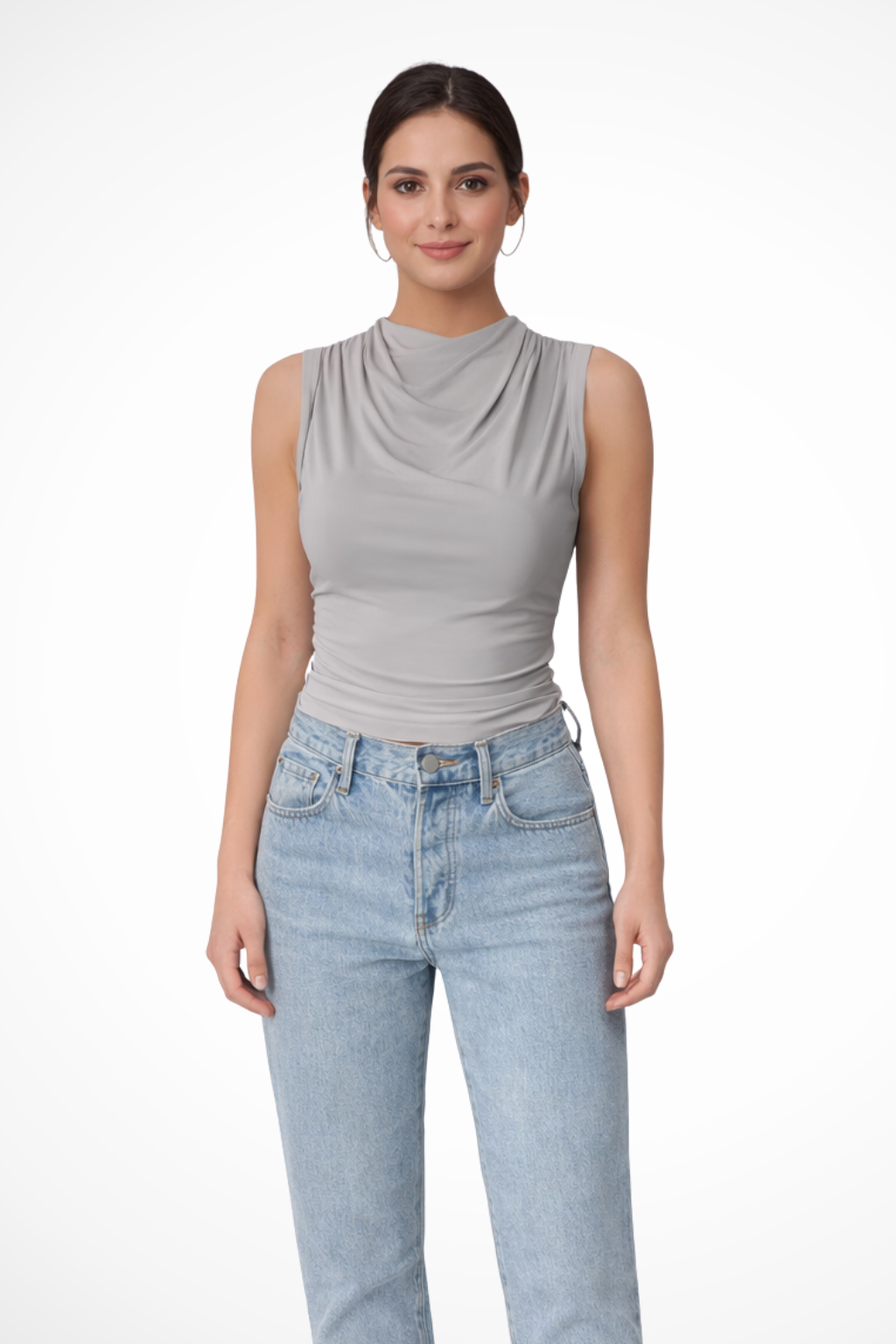 Fashionable women's sleeveless blouse: elegant draped neck peplum top, a stylish addition to any wardrobe.