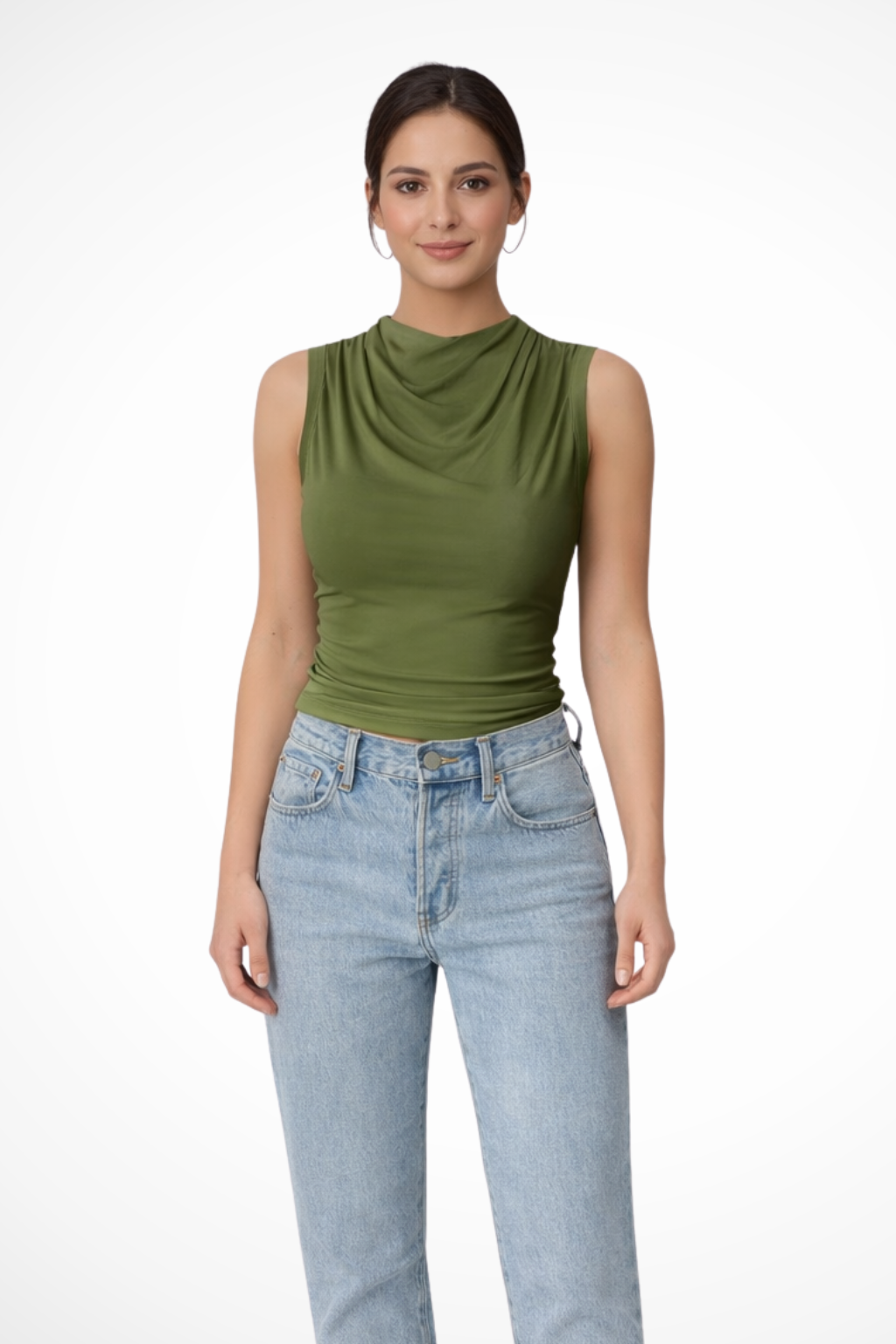 Women's elegant sleeveless peplum top with a beautifully draped neckline, offering a chic and fitted silhouette.