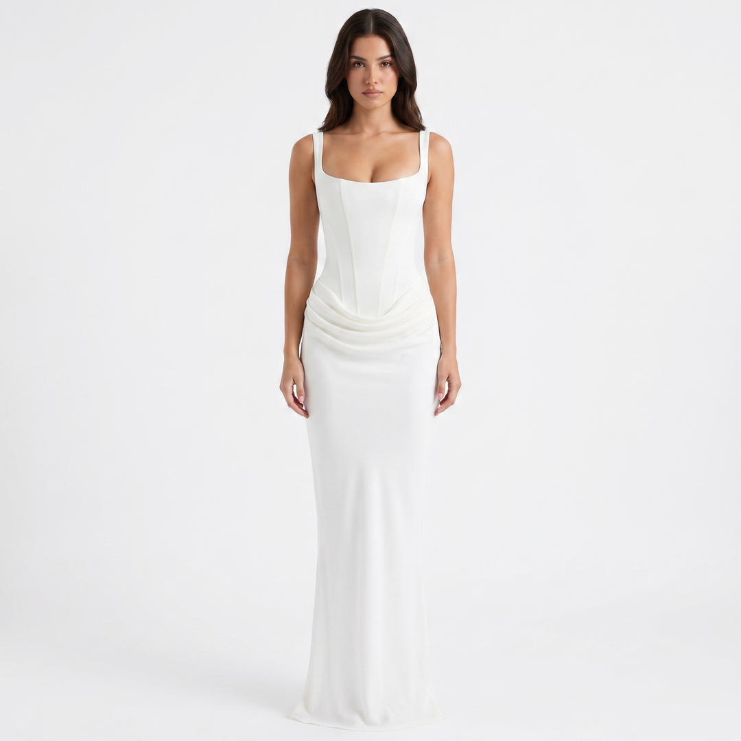 Elegant women's sleeveless ruched scoop neck maxi dress. Ideal for formal, evening, or chic casual wear. Comfortable.
