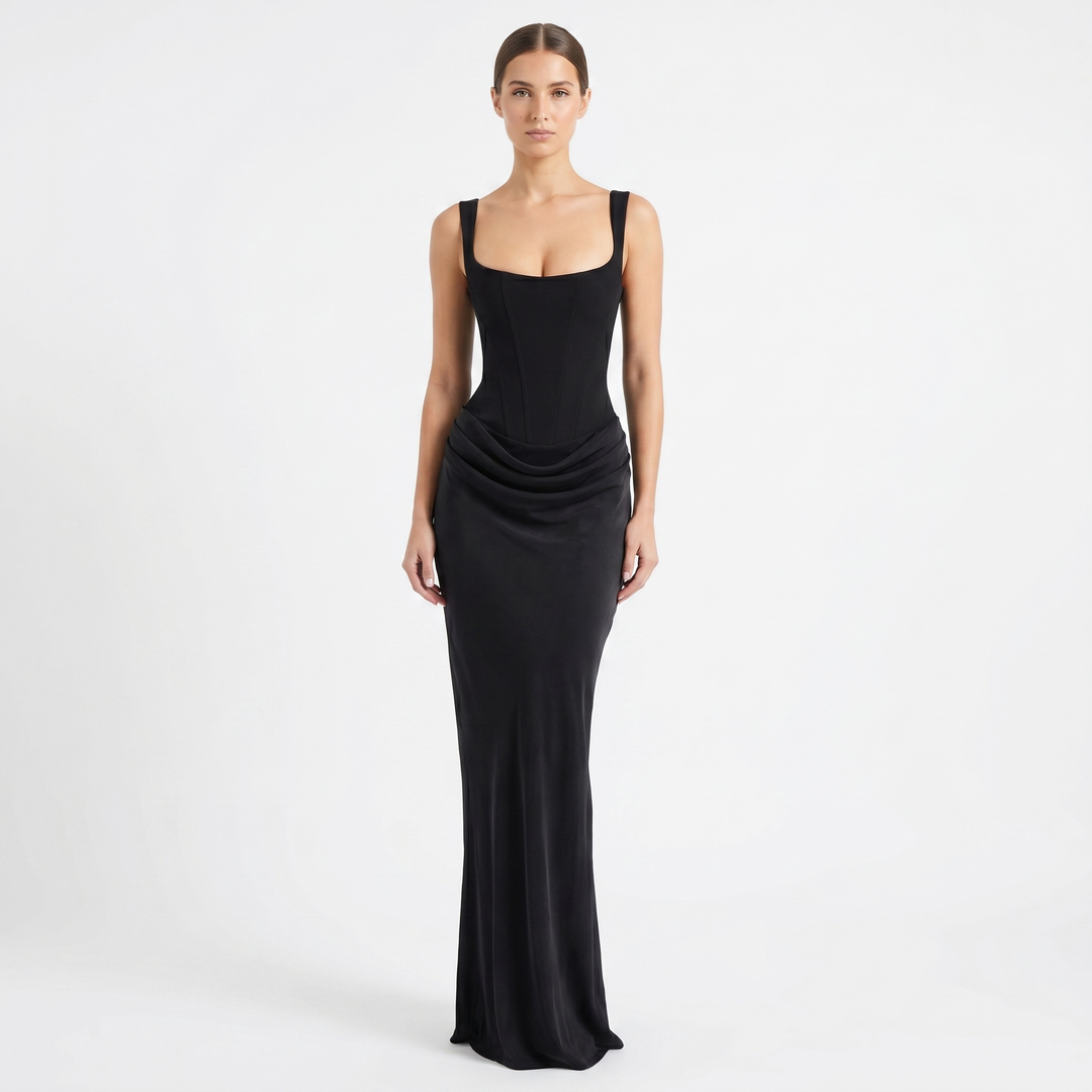 Fashionable women's sleeveless ruched scoop neck maxi dress. Modern elegant long dress for formal or sophisticated casual style.