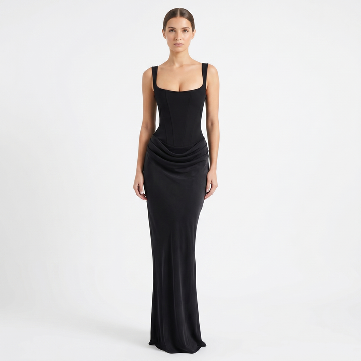 Fashionable women's sleeveless ruched scoop neck maxi dress. Modern elegant long dress for formal or sophisticated casual style.