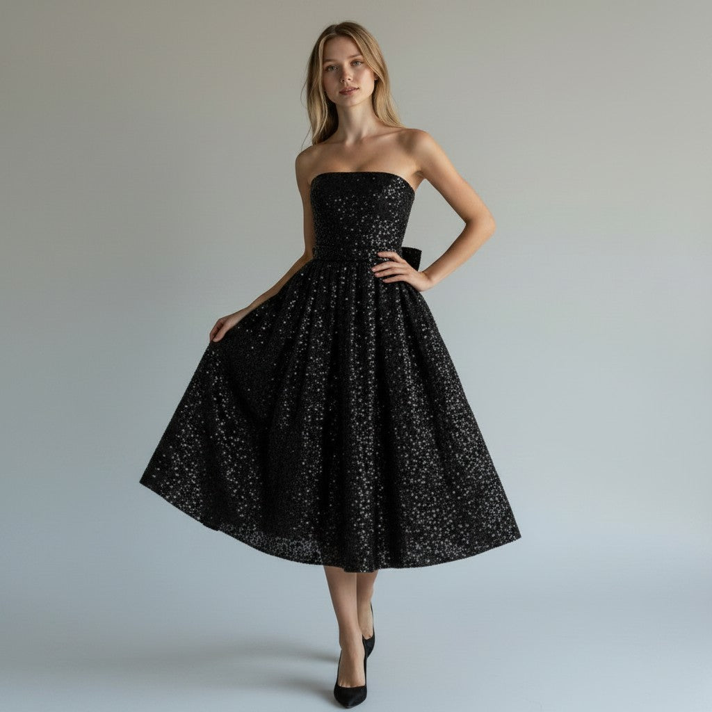 Elegant women's sleeveless sequin midi dress, perfect for evening parties & special occasions. Flowing, chic design.