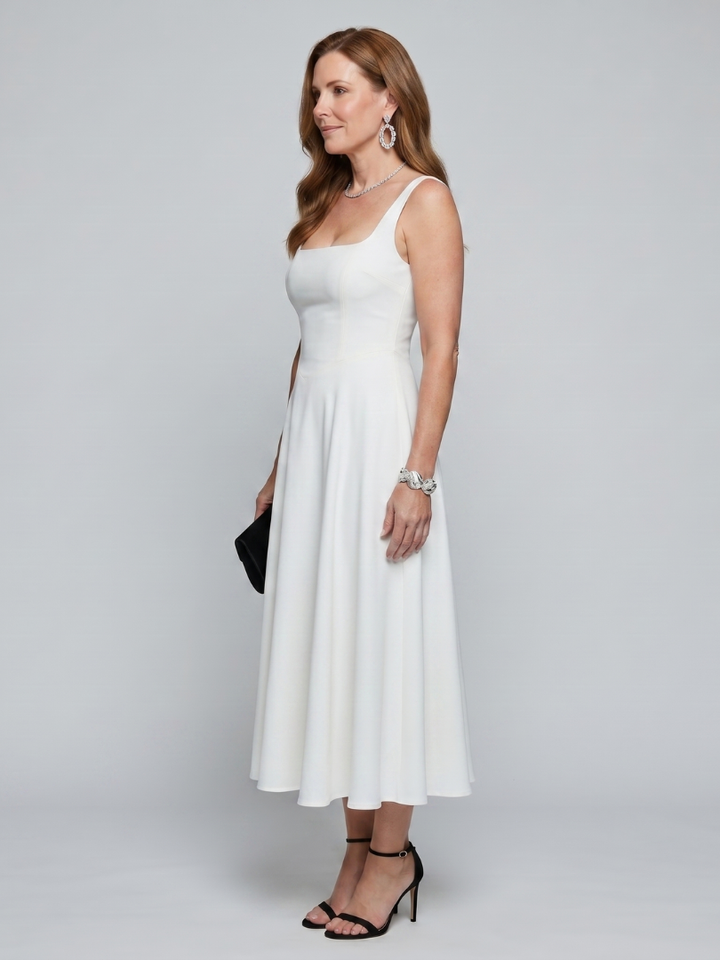 Chic sleeveless square neck midi dress for women, featuring a flared skirt. Versatile for elegant occasions or daily fashion.