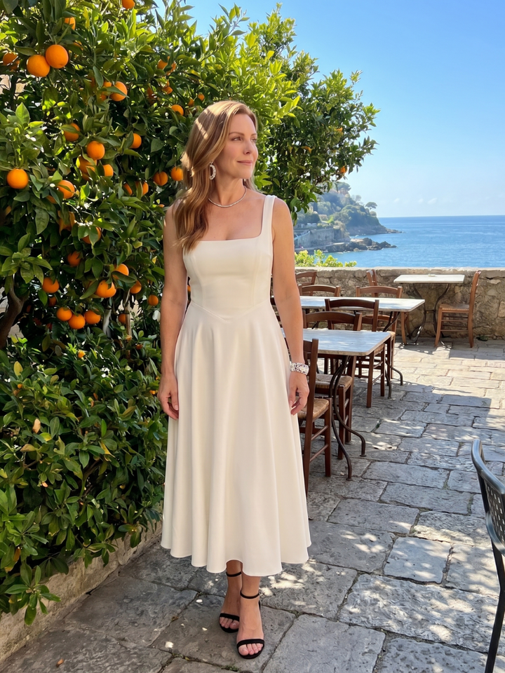 Comfortable women's sleeveless square neck dress. This versatile midi dress features a chic flared skirt for daily wear.