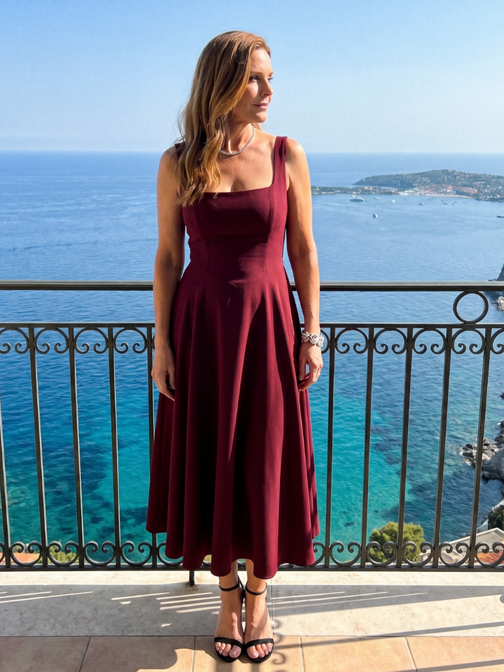 Trendy women's sleeveless midi dress featuring a flattering square neck and comfortable flared design. Ideal for summer.