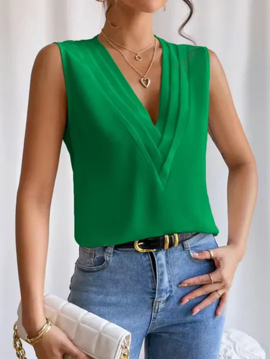 Elegant women's sleeveless V-neck top in a chic fabric, perfect for versatile spring and summer fashion.