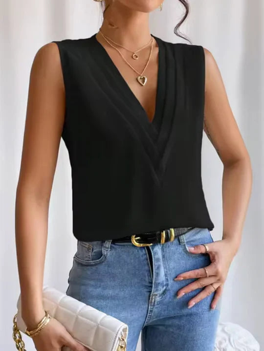 Close-up of a women's elegant sleeveless V-neck top, highlighting its versatile and sophisticated design.