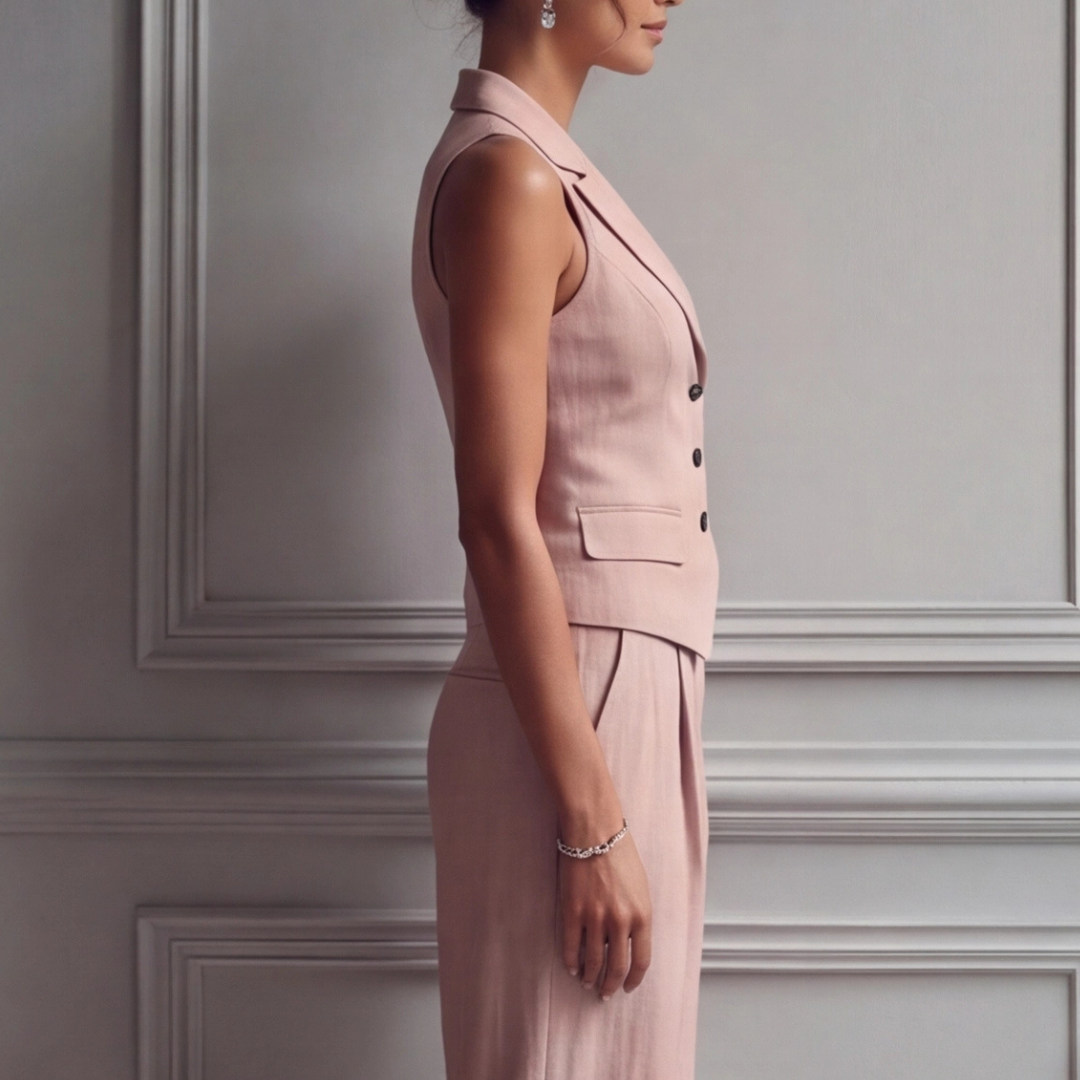 Chic women's tailored sleeveless waistcoat, paired with elegant high-waist wide-leg trousers for a polished look.