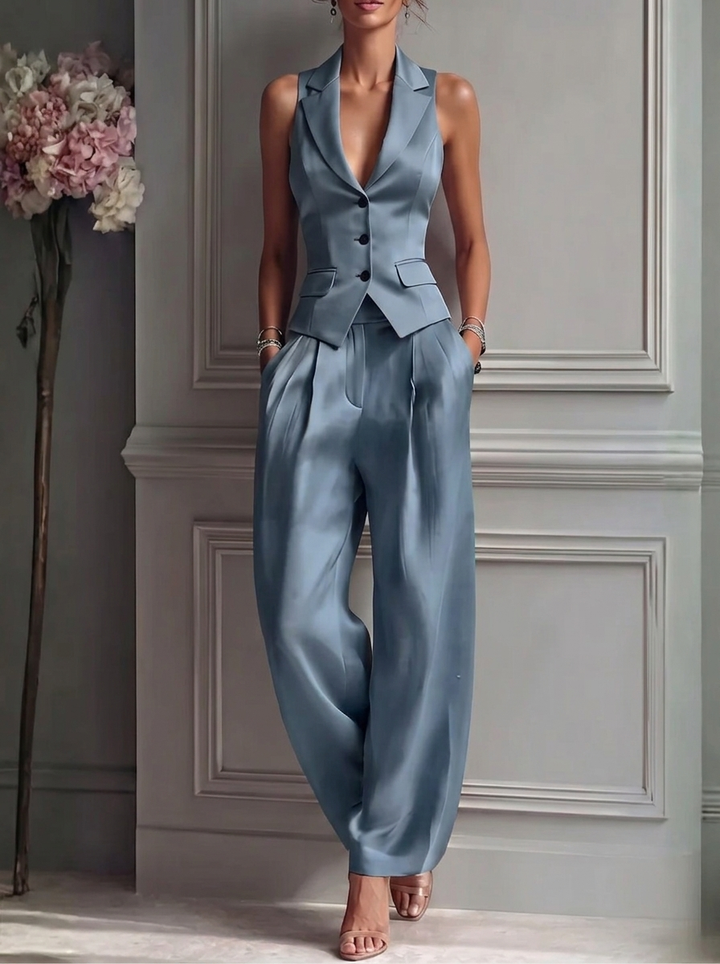 Model wearing elegant women's sleeveless waistcoat and wide-leg high-waist pants set, a versatile chic two-piece outfit.