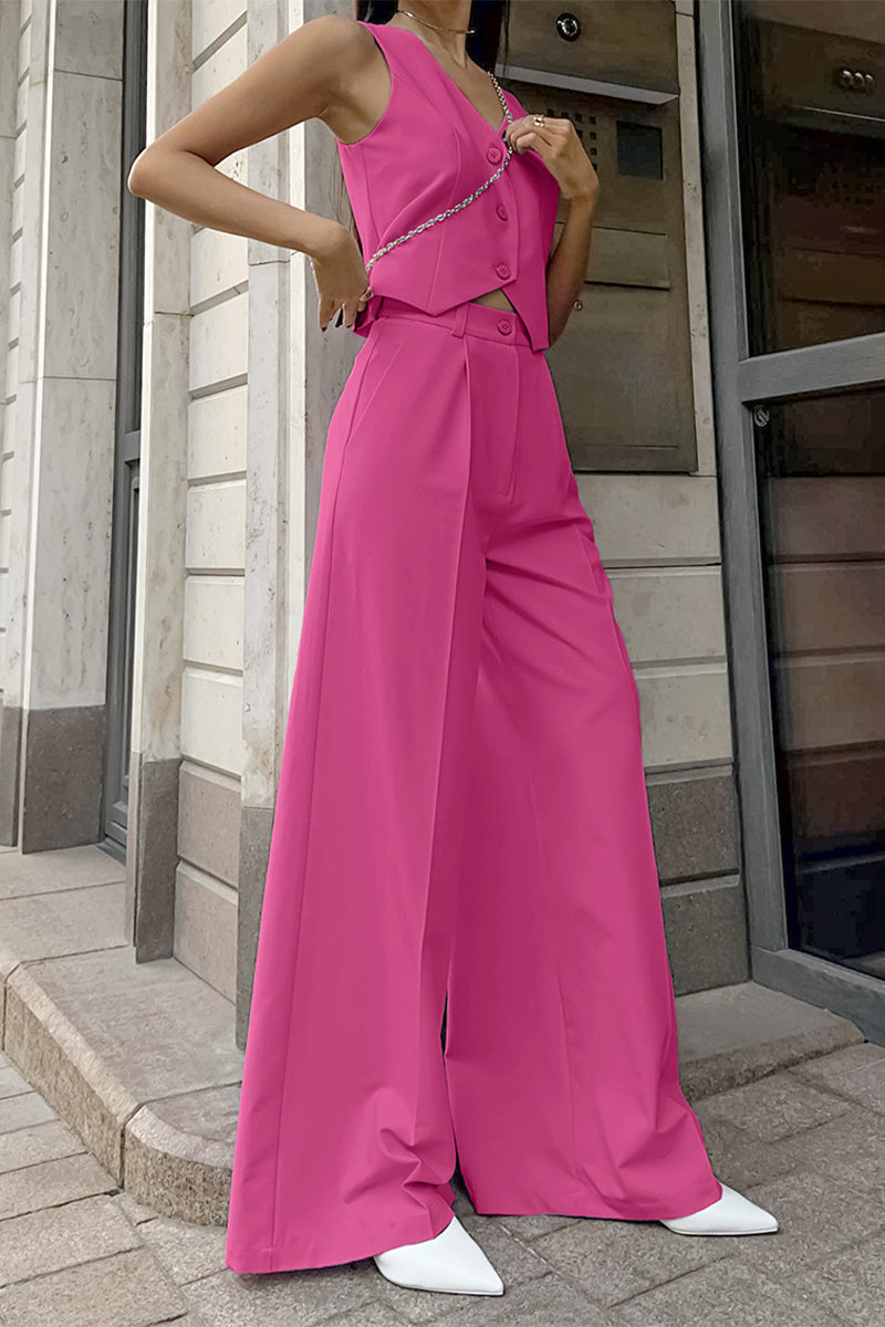 Stylish women's matching ensemble with sleeveless vest and elegant wide-leg pants. Ideal for office or events.