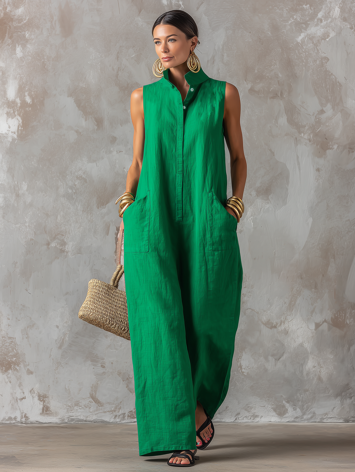 Elegant women's sleeveless wide-leg jumpsuit, perfect for modern summer style & comfortable travel wear.