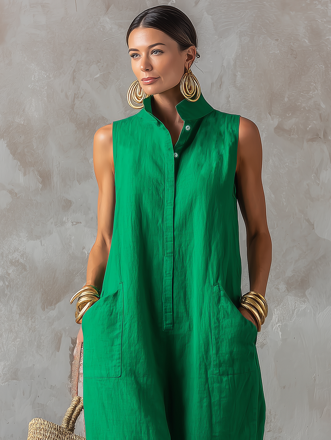 Modern elegant sleeveless wide-leg jumpsuit, a stylish one-piece for women's summer events.