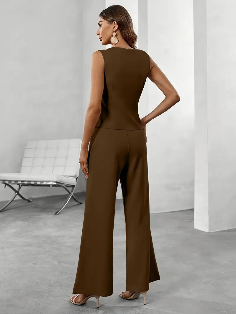 Stylish women's sleeveless wide leg suit, featuring a button-up top. Elegant two-piece set for business & professional wear.