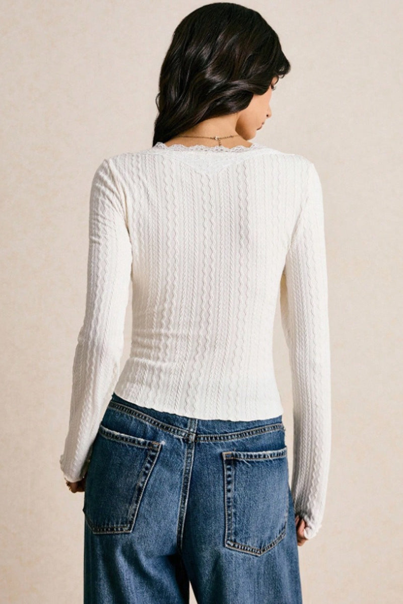 Stylish women's long sleeve V-neck blouse, slim fit lace top ideal for elegant office or evening wear.
