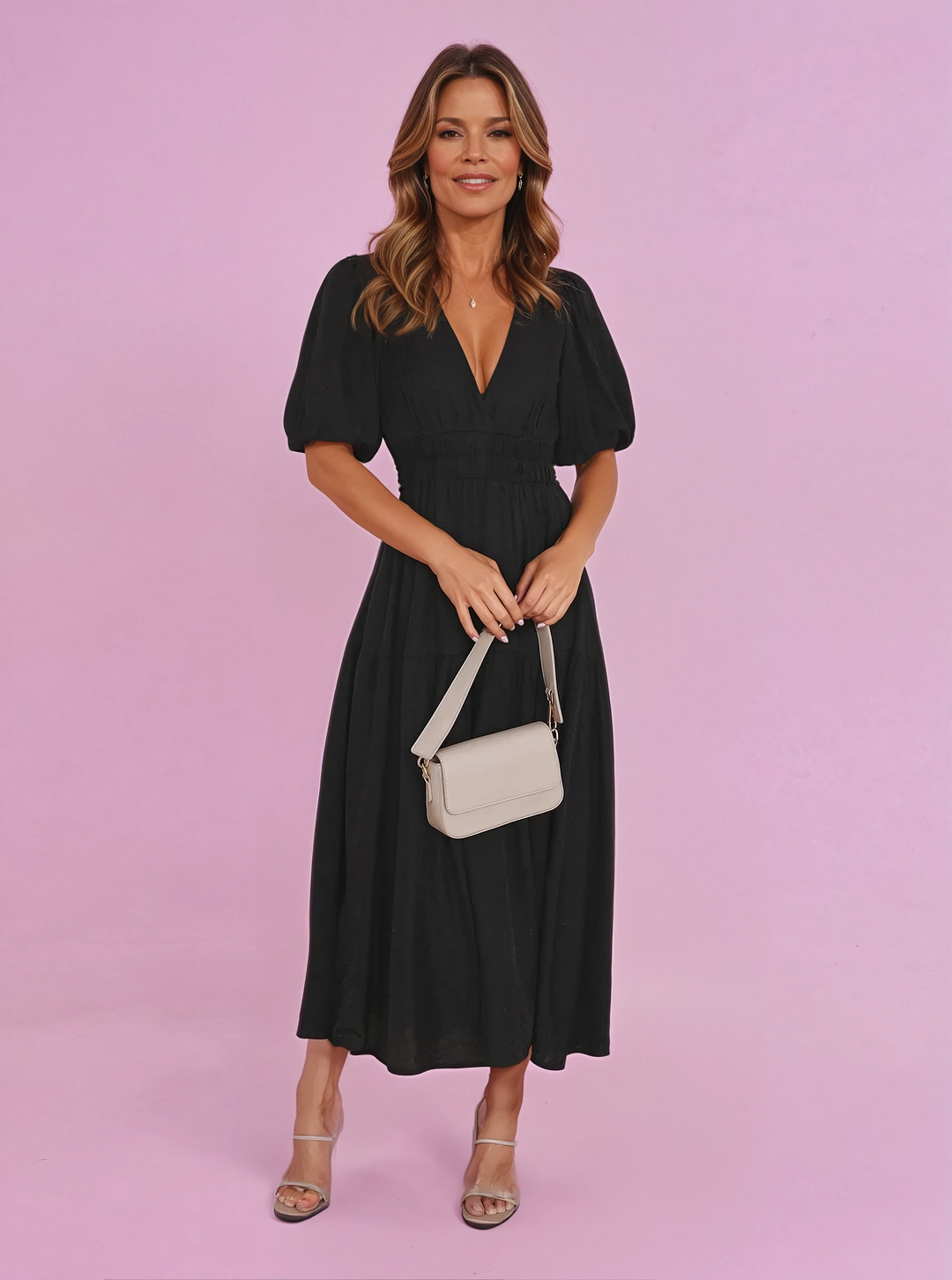 Elegant women's smocked V-neck midi cocktail dress. Perfect for special occasions.