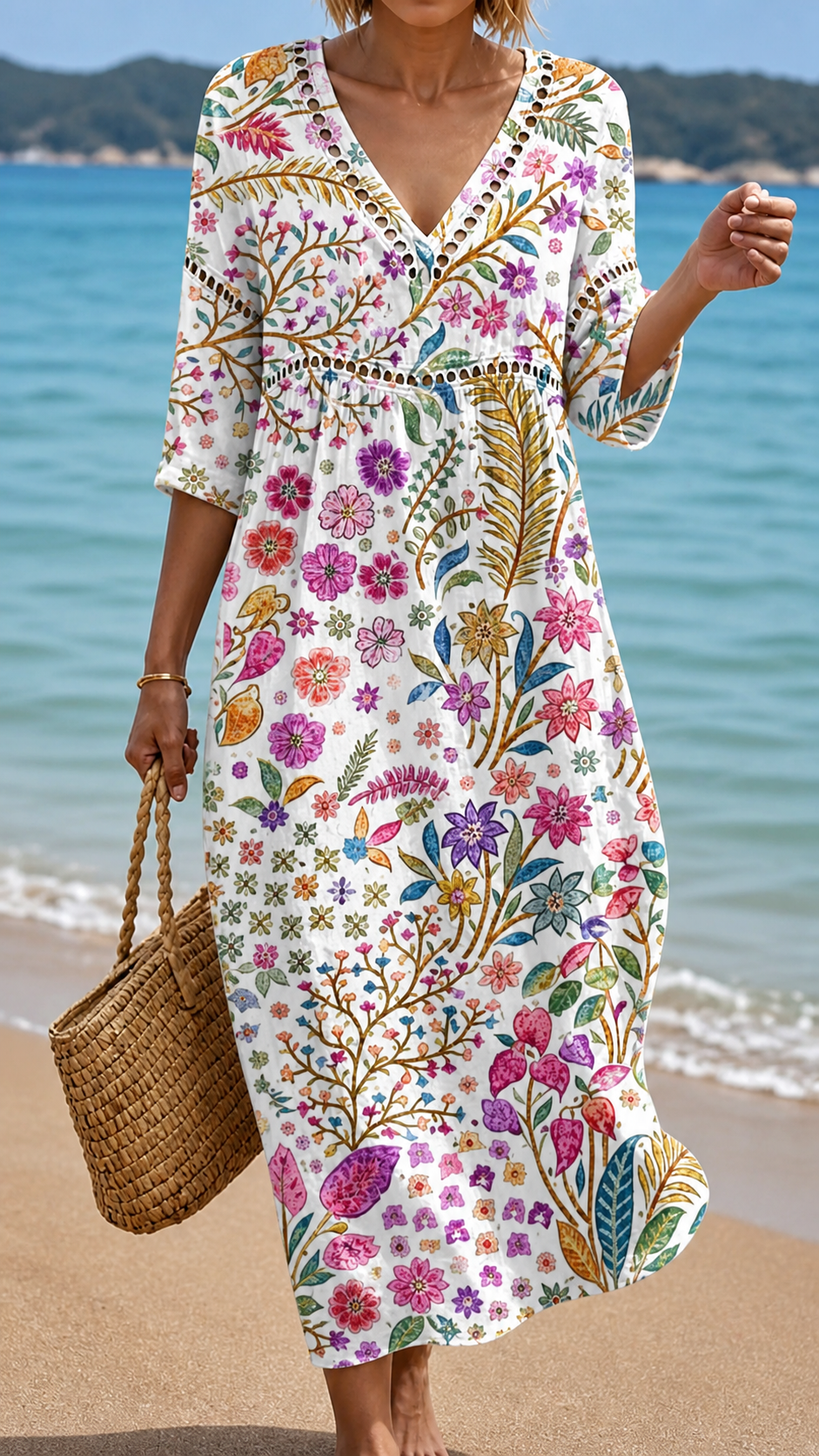 Elegant women's soft floral midi dress with a multicolor pattern. Perfect for summer, spring, and casual elegant wear.