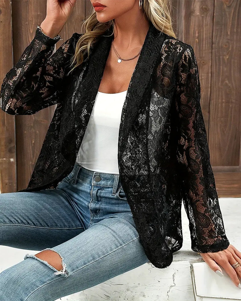 Chic women's lace trim blazer, a versatile classic for sophisticated office wear, adding elegance to any summer outfit.