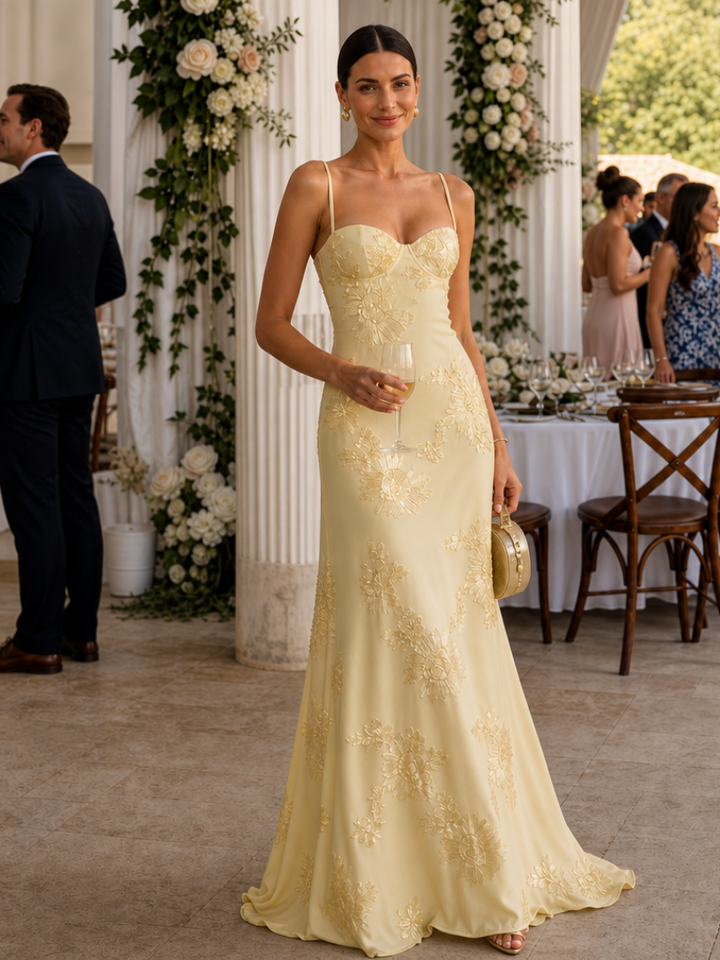 Women's elegant spaghetti strap maxi dress with a flattering corset bodice. Perfect for special occasions.