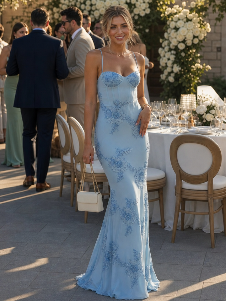 Chic women's sleeveless maxi dress with delicate spaghetti straps and a structured corset bodice for an elegant style.