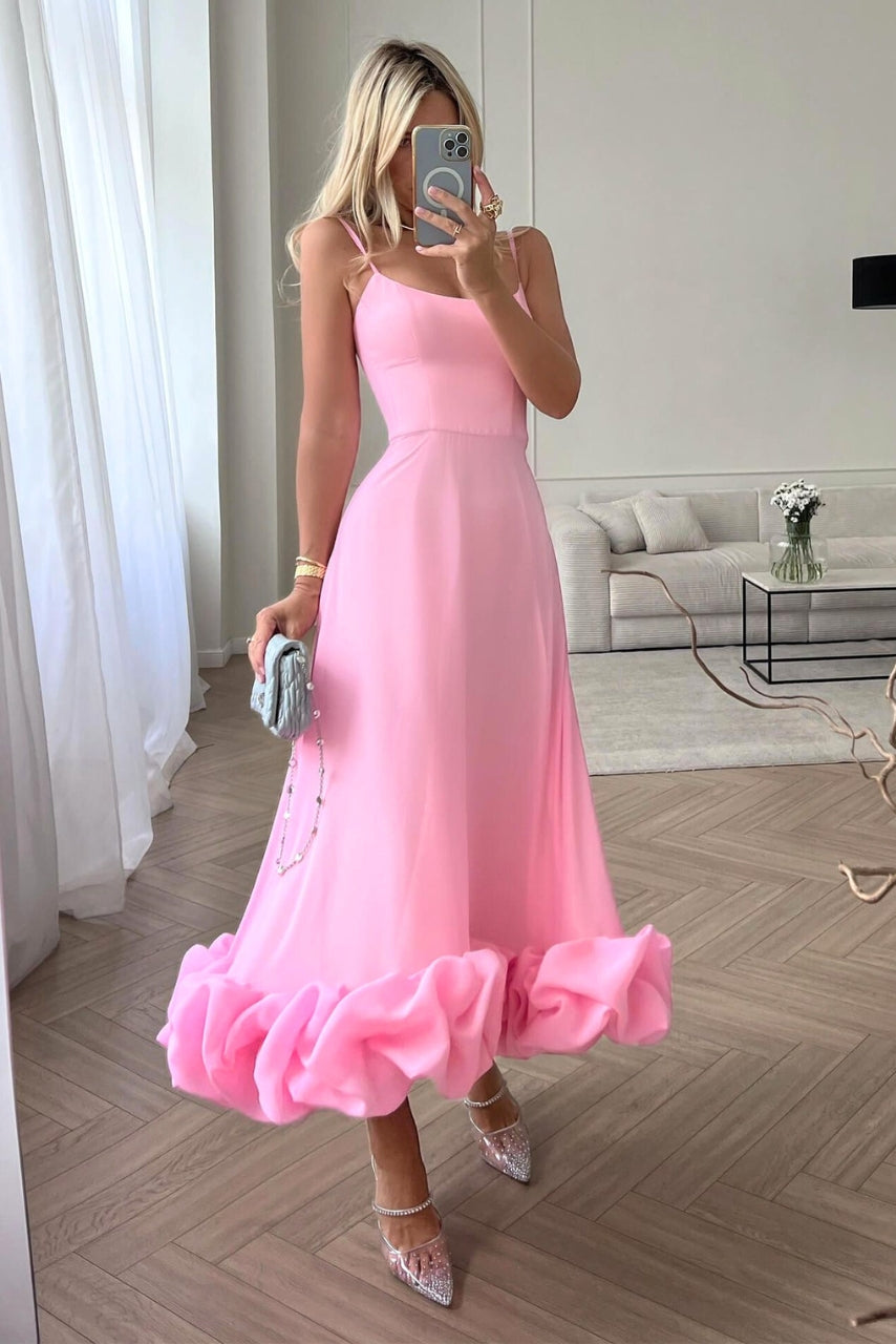 Feminine spaghetti strap midi dress for women, with a flattering high-waist and stylish ruffled detail.