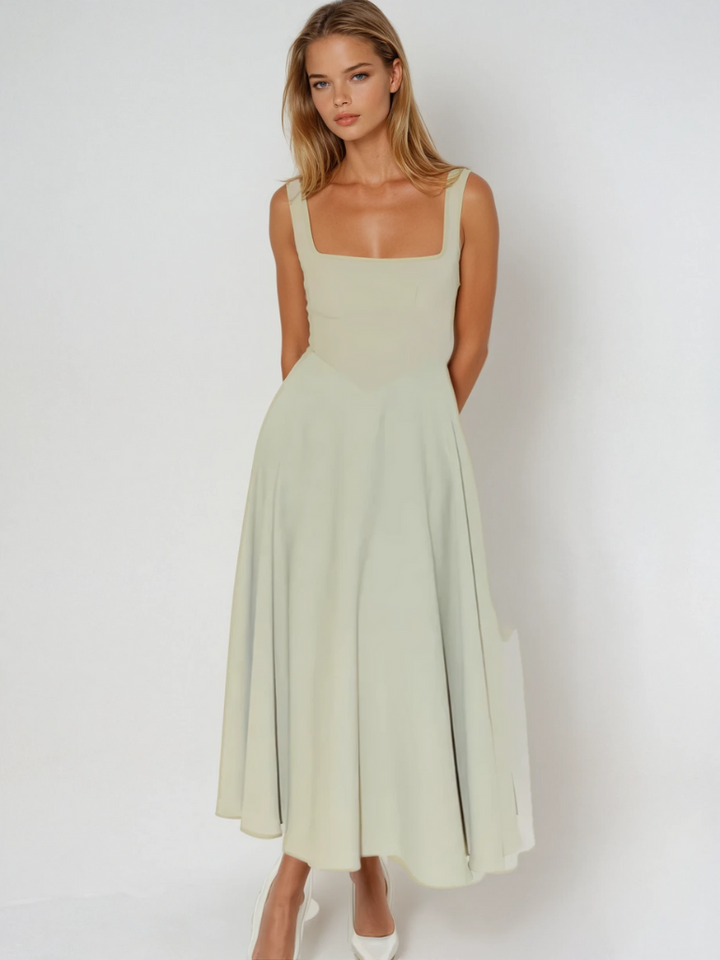 Elegant women's square neck A-line midi dress for versatile day to night wear.