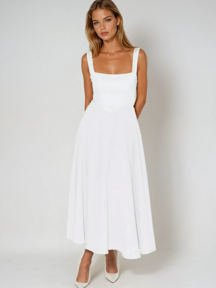Modern elegant midi dress for women, square neck, A-line silhouette, perfect for any event.
