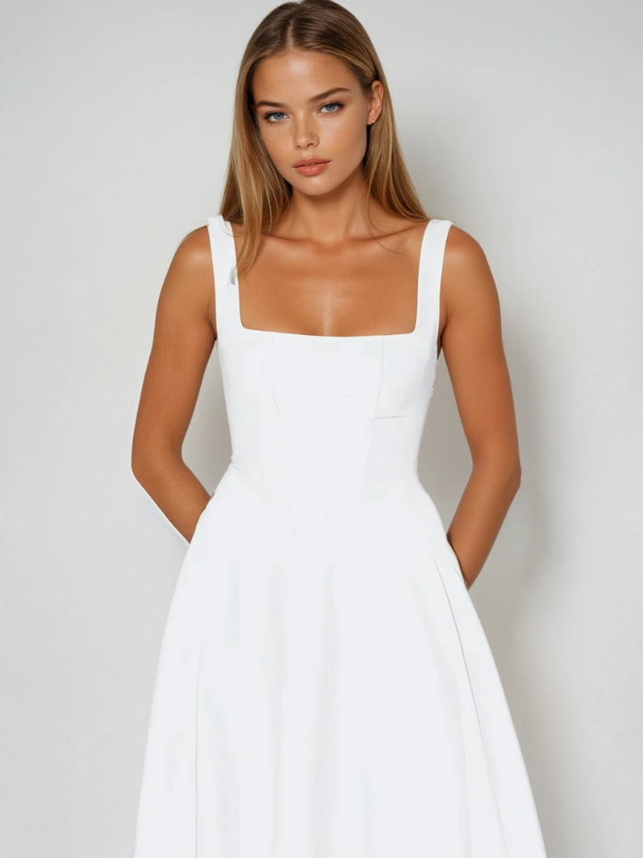 Versatile women's A-line midi dress with square neck, ideal for casual and dressed-up looks.