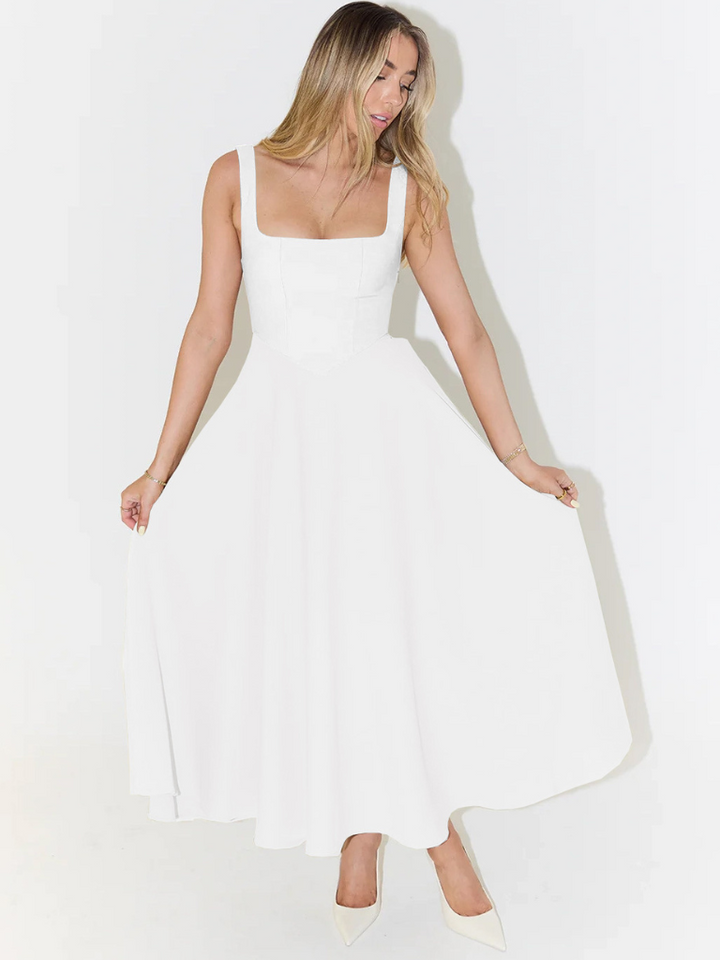 Square neck A-line midi dress for women, elegant and comfortable, suitable for all occasions.