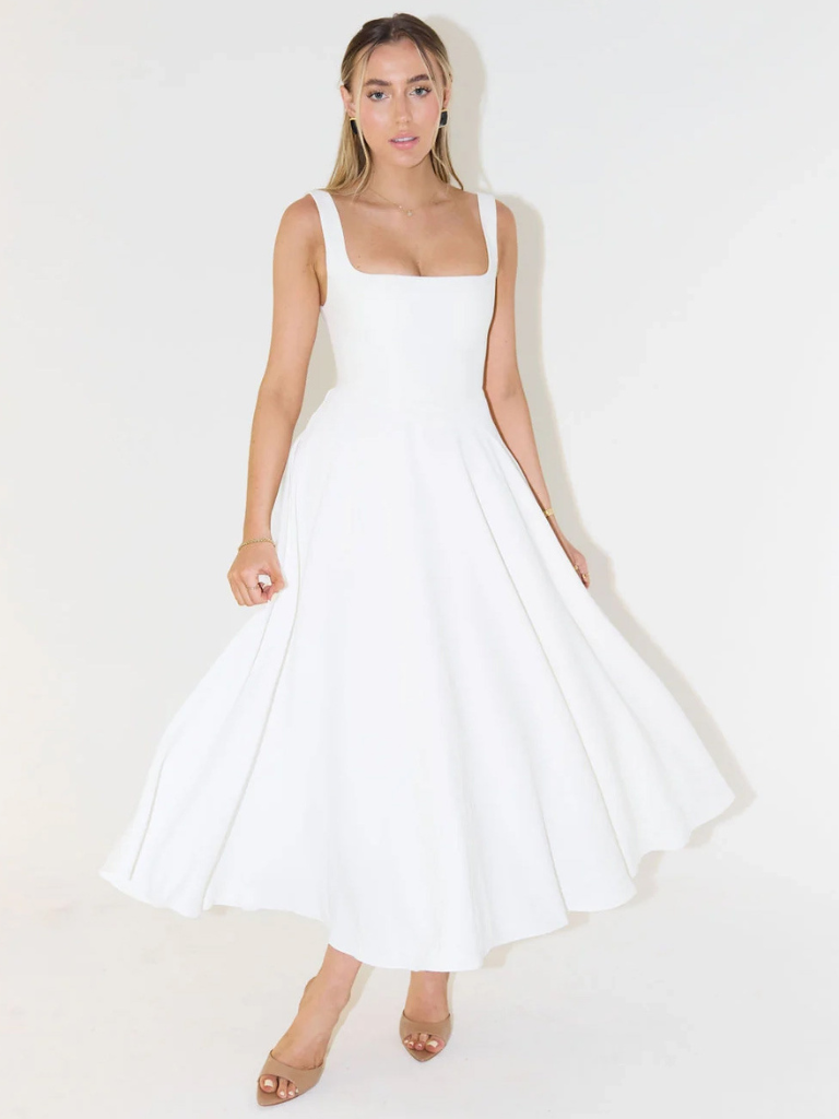 Day to night women's square neck A-line midi dress, offering comfort and modern elegance.