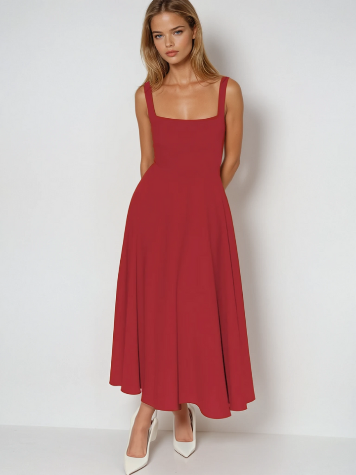 Flowy A-line midi dress for women, elegant square neck, ideal for various occasions.