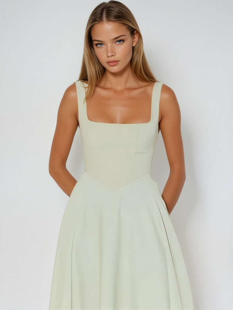 Chic sleeveless A-line midi dress with square neck, perfect for summer fashion.