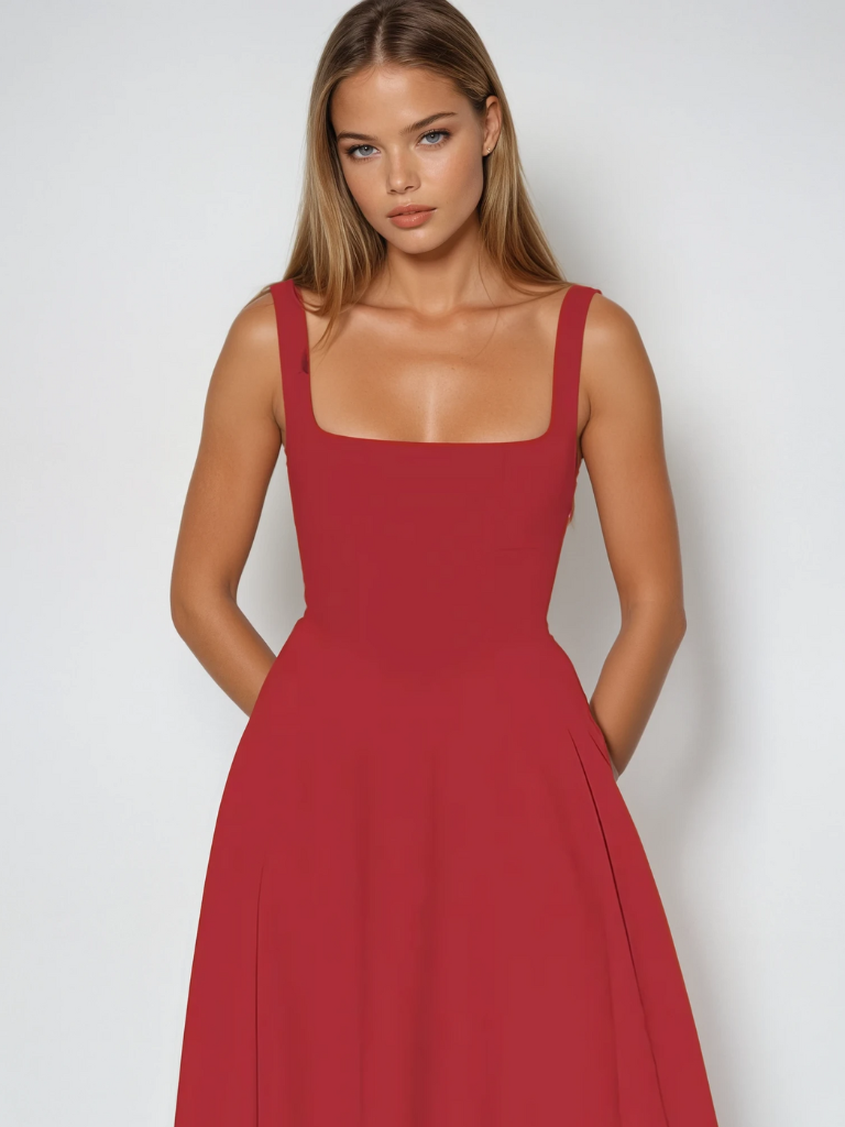 Chic women's sleeveless square neck A-line midi dress, a modern summer essential.