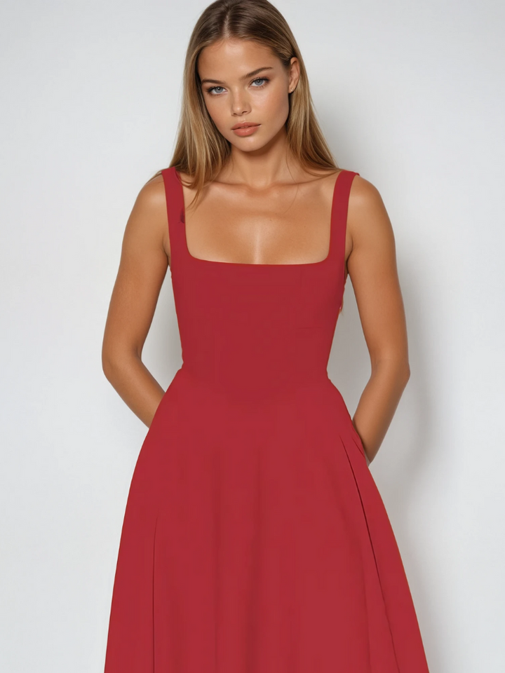 Chic women's sleeveless square neck A-line midi dress, a modern summer essential.