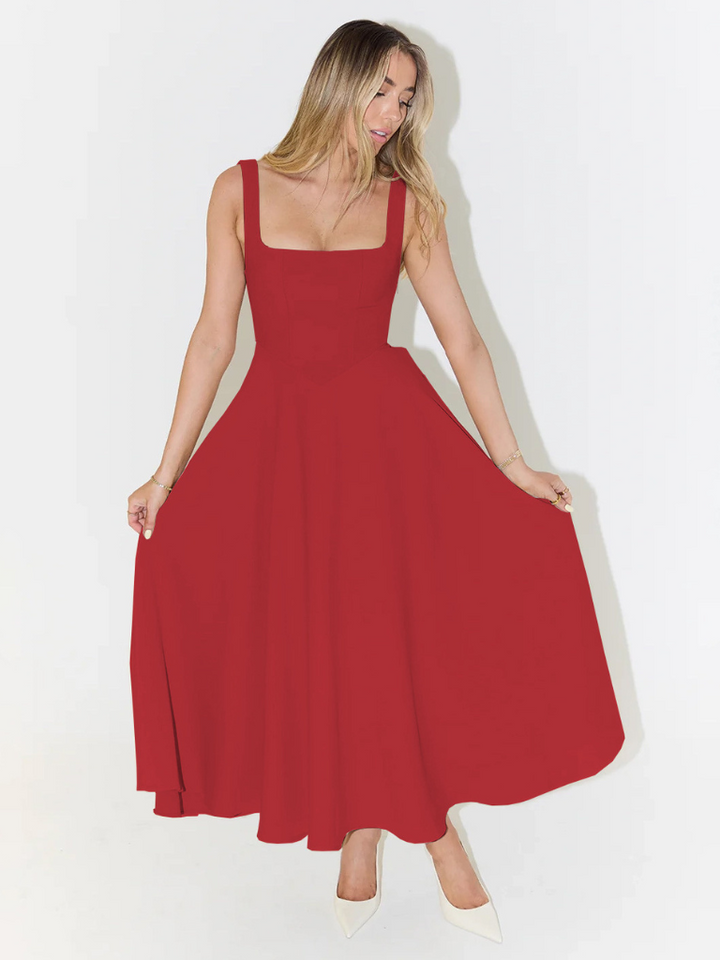 Modern women's square neck A-line midi dress, perfect for both casual and formal settings.