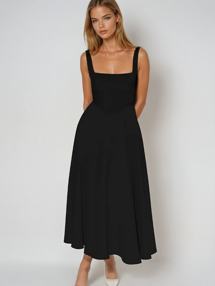Versatile square neck A-line midi dress for women, ideal for casual or elegant occasions.