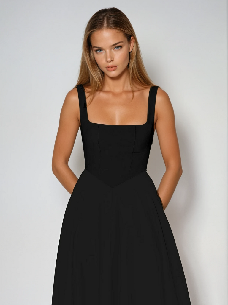 Sophisticated women's midi dress with a stylish square neck and comfortable A-line silhouette.